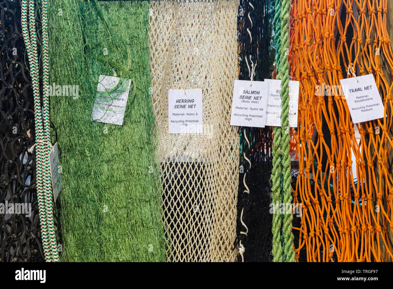 Abstract image of several styles of fishing nets on display at the heritage Britannia Ship Yard in Steveston British Columbia Canada Stock Photo