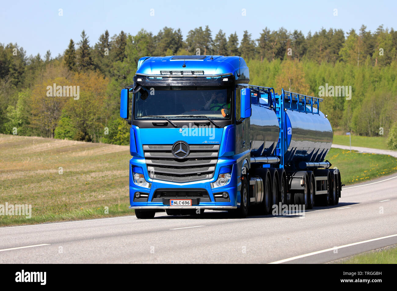 Salo, Finland. May 17, 2019. Blue Mercedes-Benz Actros tank truck of  Kuljetusliike Markus Hanninen Oy hauls load along highway on sunny day of  spring Stock Photo - Alamy