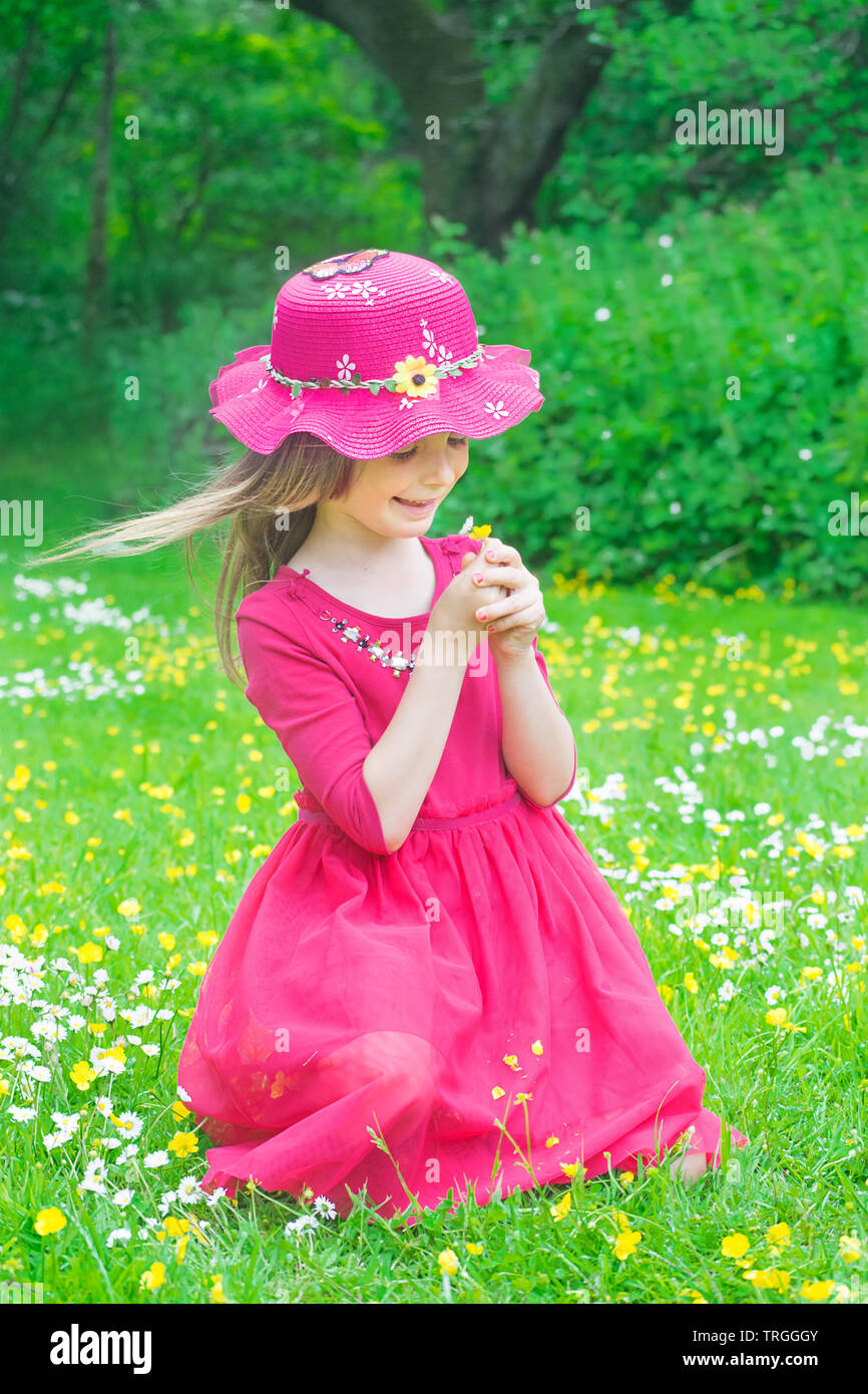 Beautiful Little Girl in the park, picking and looking at flowers from the daisy field. Stock Photo
