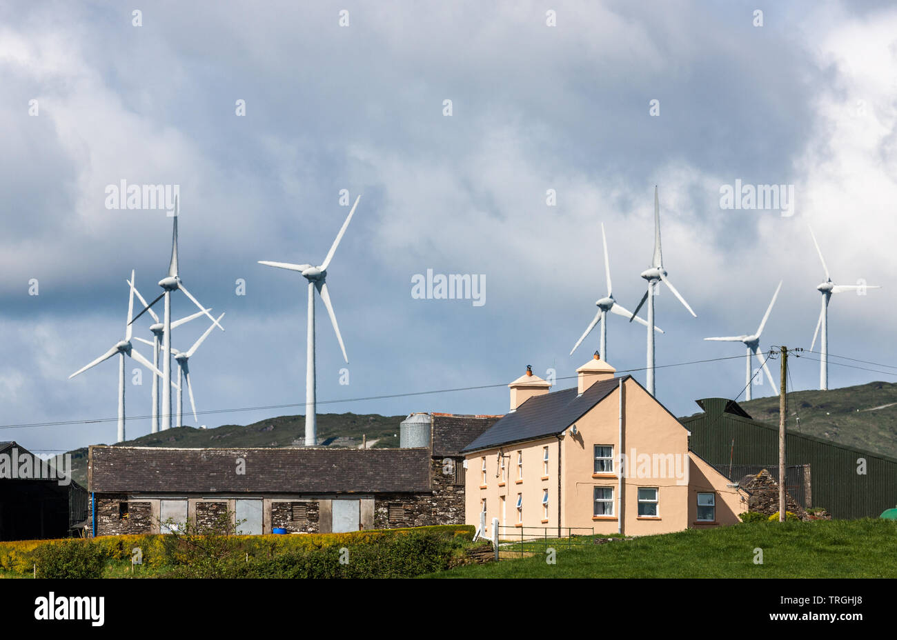 Drimoleague, Cork, Ireland. 05th June, 2019.  A farmhouse with a wind farm behind outside Drimoleague in West Cork, Ireland. Stock Photo