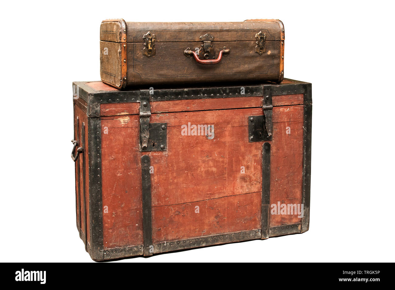 Old Retro Wooden Chest And Vintage Grunge Suitcase Isolated On