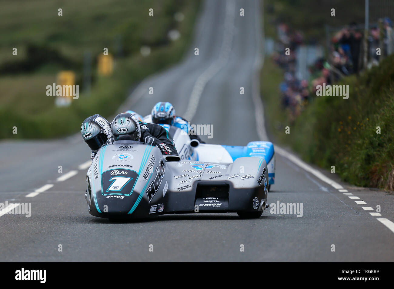 Ben Birchall & Tom Birchall in action in the Locate.im Formula Two Sidecar class at Creg-ny-Baa during Qualifying at the 2019 Isle of Man TT (Tourist Stock Photo