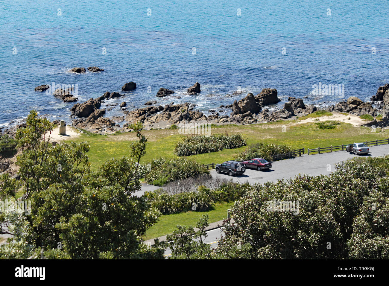 A view of the rocks and the Moai statue on the bank of Lyal Bay, Wellington, New Zealand. Stock Photo