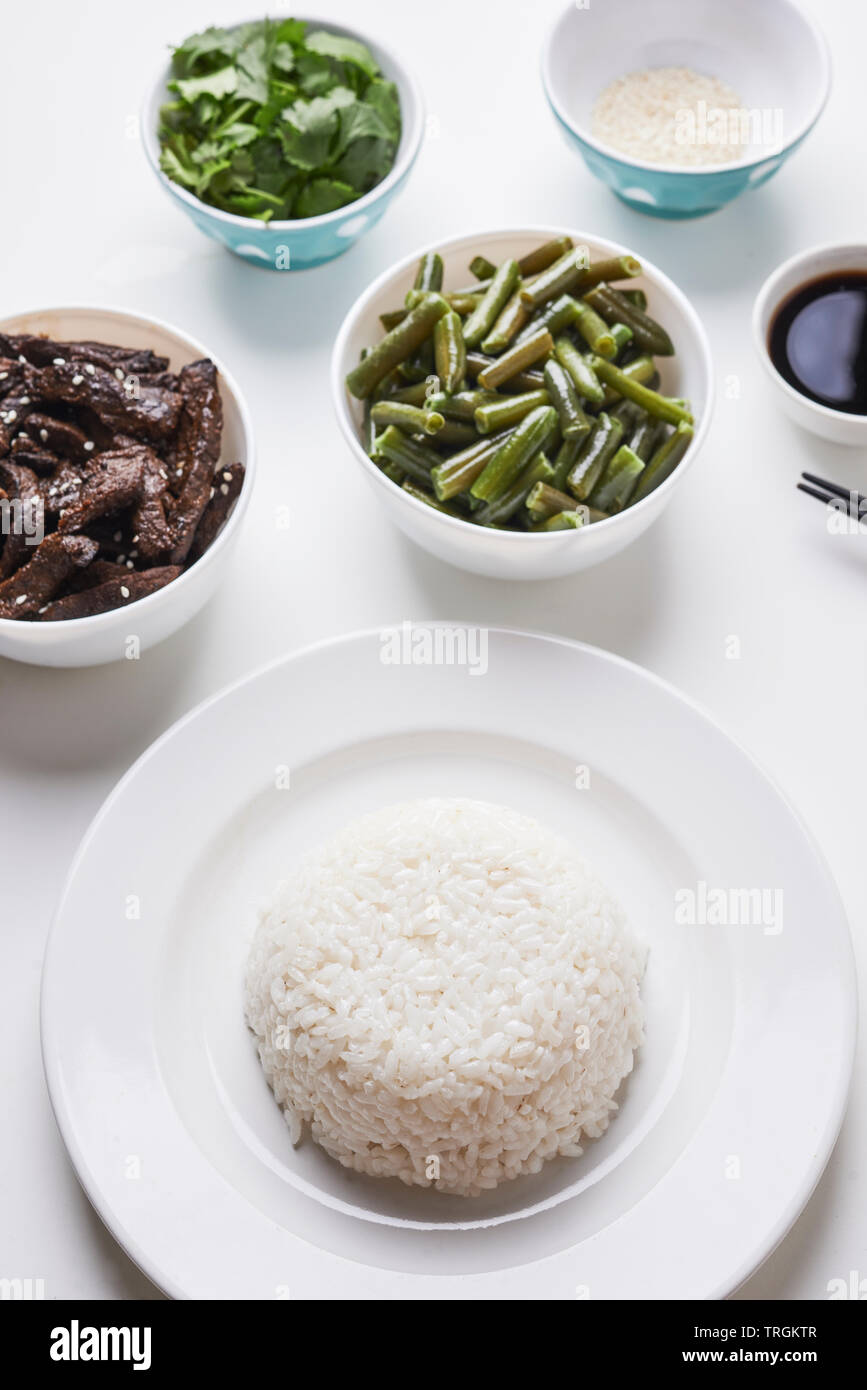 korean style dish, beef, rice and green beans Stock Photo Alamy