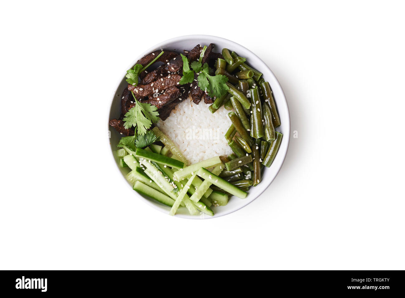 korean style dish, beef, rice and green beans. top view Stock Photo Alamy