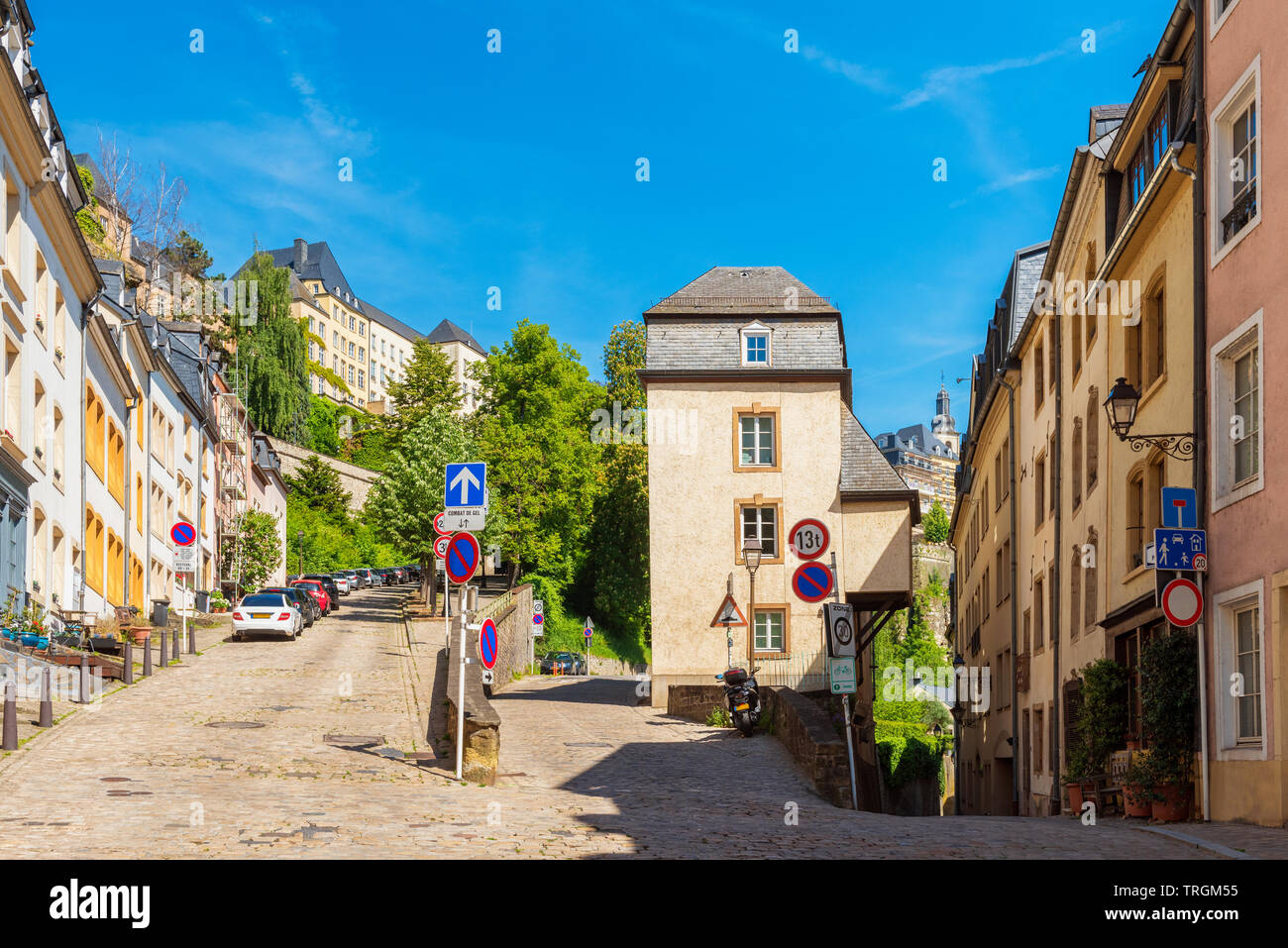 Uphill and Downhill Streets in Old Town of Luxembourg City, Luxembourg on sunny spring day Stock Photo