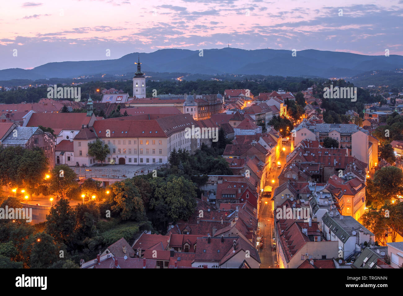 Aerial view of Zagreb skyline with with the old town and St-Mark Churchl in Croatia at sunset time. Stock Photo