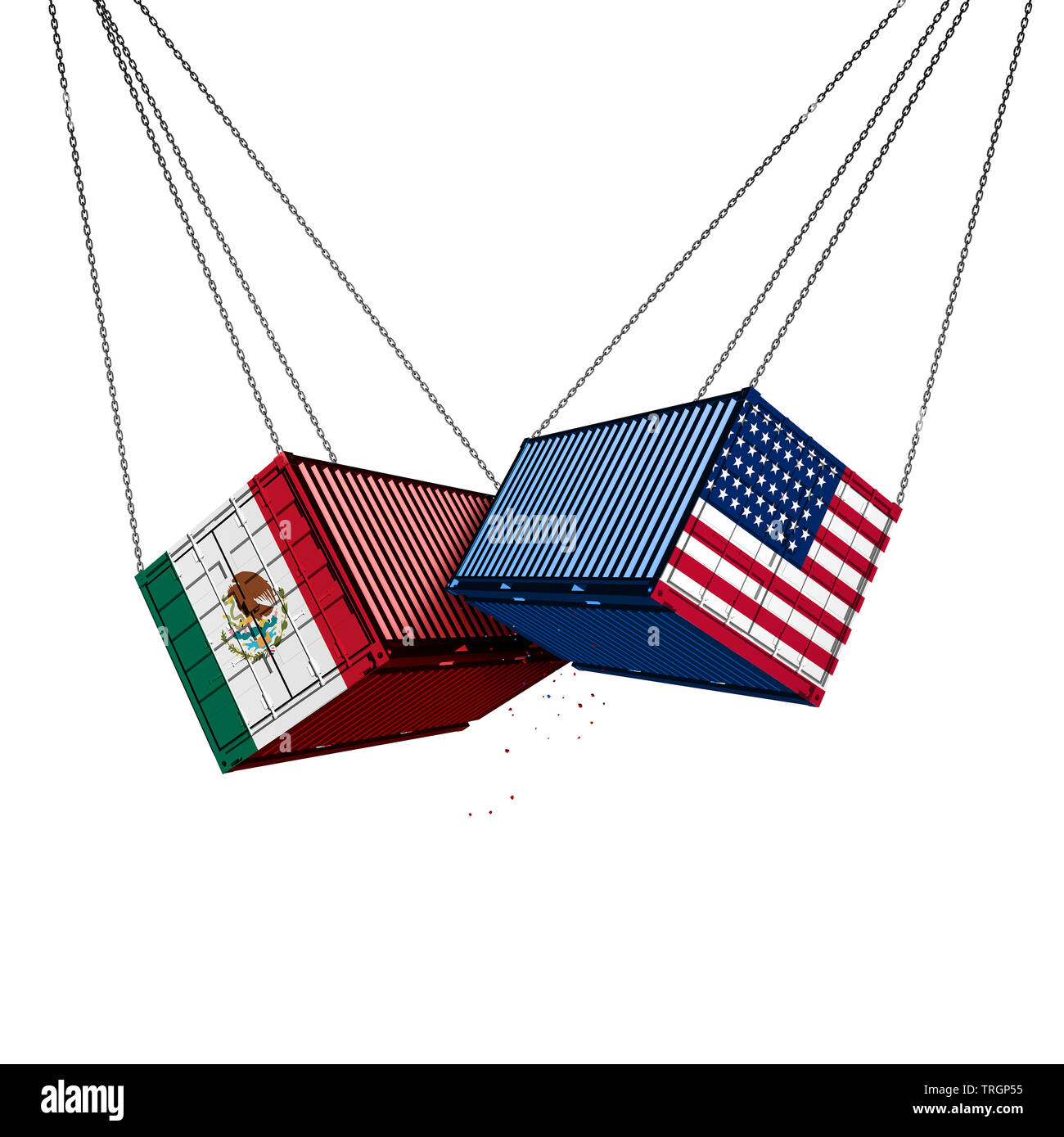 Mexico US trade war and American tariffs as two opposing cargo freight containers in conflict as an economic dispute over import and export taxes. Stock Photo