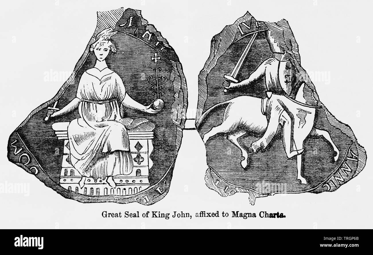 Great Seal of King John, affixed to Magna Charta, Illustration from John Cassell's Illustrated History of England, Vol. I from the earliest period to the reign of Edward the Fourth, Cassell, Petter and Galpin, 1857 Stock Photo