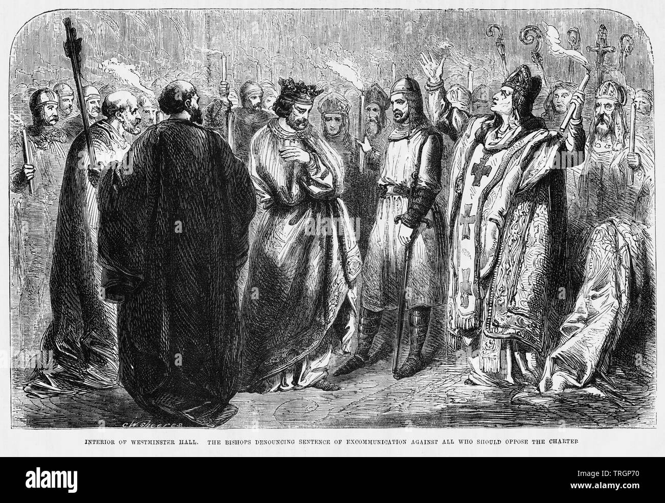 Interior of Westminster Hall, The Bishops Denouncing Sentence of Excommunication again all who should oppose the Charter, Illustration from John Cassell's Illustrated History of England, Vol. I from the earliest period to the reign of Edward the Fourth, Cassell, Petter and Galpin, 1857 Stock Photo