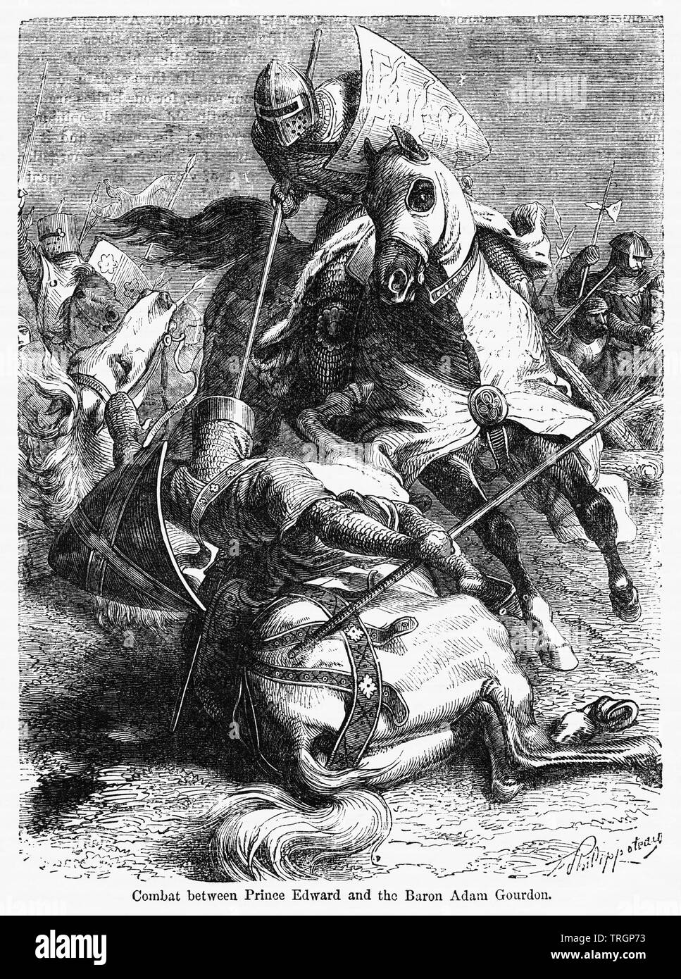 Combat between Prince Edward and the Baron Adam Gourdon, Illustration from John Cassell's Illustrated History of England, Vol. I from the earliest period to the reign of Edward the Fourth, Cassell, Petter and Galpin, 1857 Stock Photo