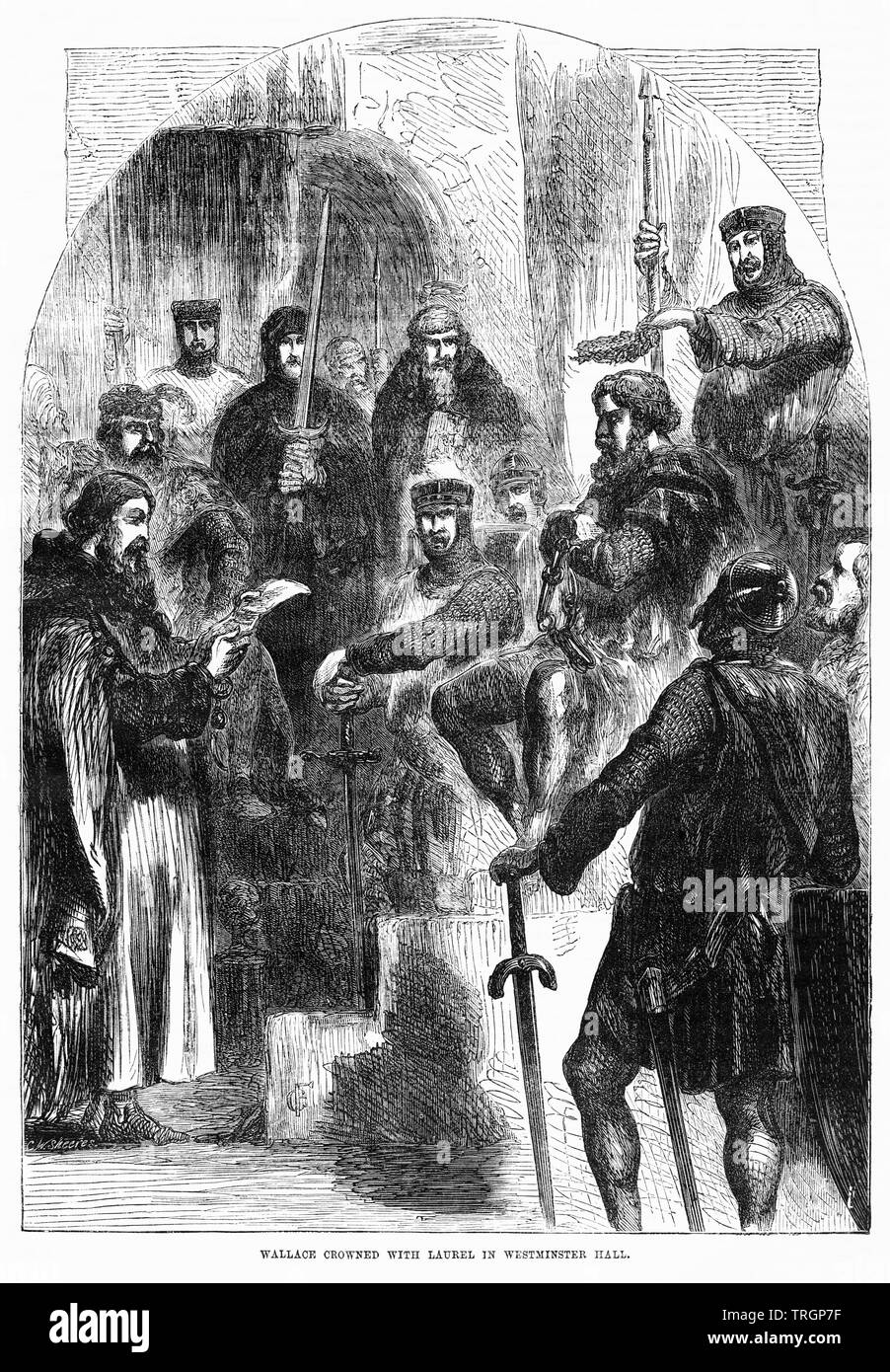 Wallace Crowned with Laurel in Westminster Hall, Illustration from John Cassell's Illustrated History of England, Vol. I from the earliest period to the reign of Edward the Fourth, Cassell, Petter and Galpin, 1857 Stock Photo