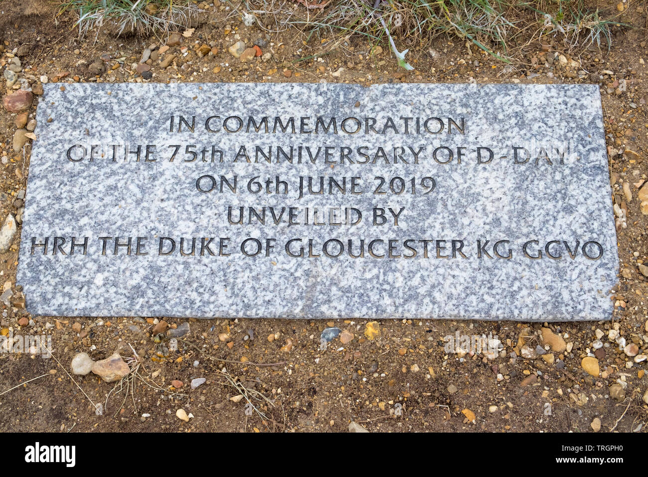 Stone Commemorating the 75th Anniversary of D Day on June 6th 2019.  Unveiled by HRH The Duke of Gloucester KG GCVO Stock Photo