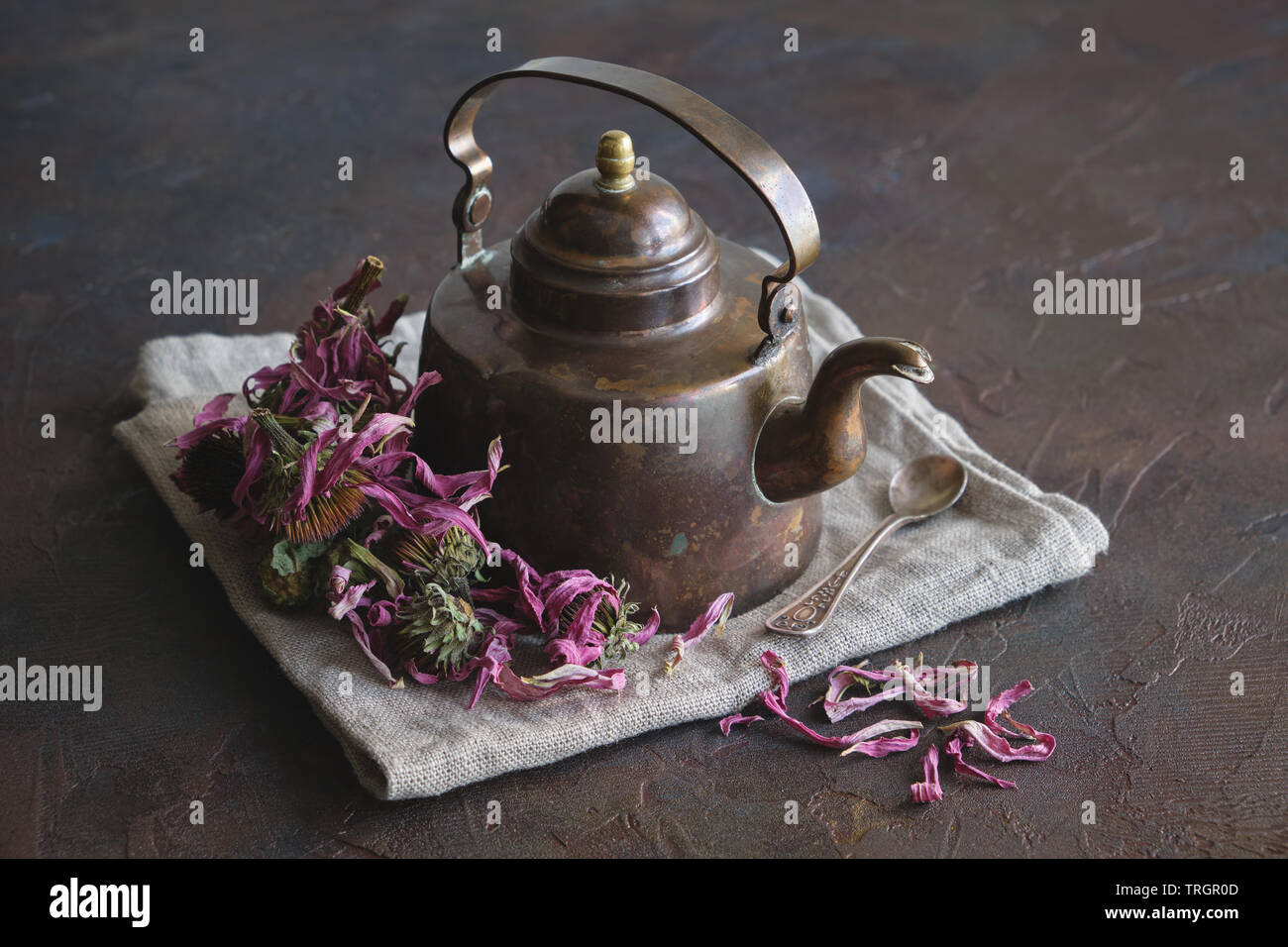 Vintage copper teapot of healthy echinacea tea and dry coneflower buds Stock Photo Alamy