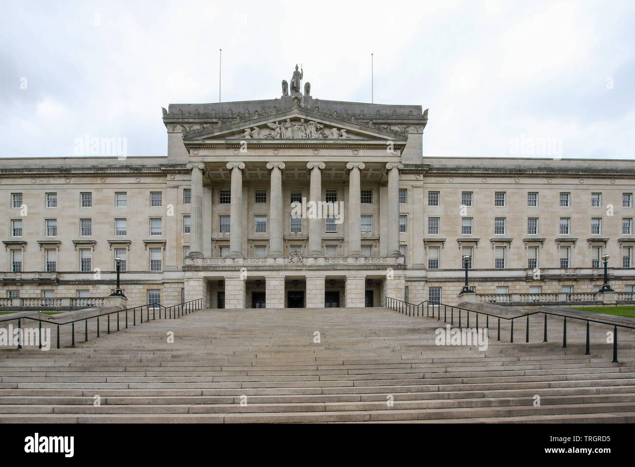 The front of Stormont, the building that houses the Northern Ireland Assembly, looking up the steps of Stormont at the portico and front façade, Stock Photo
