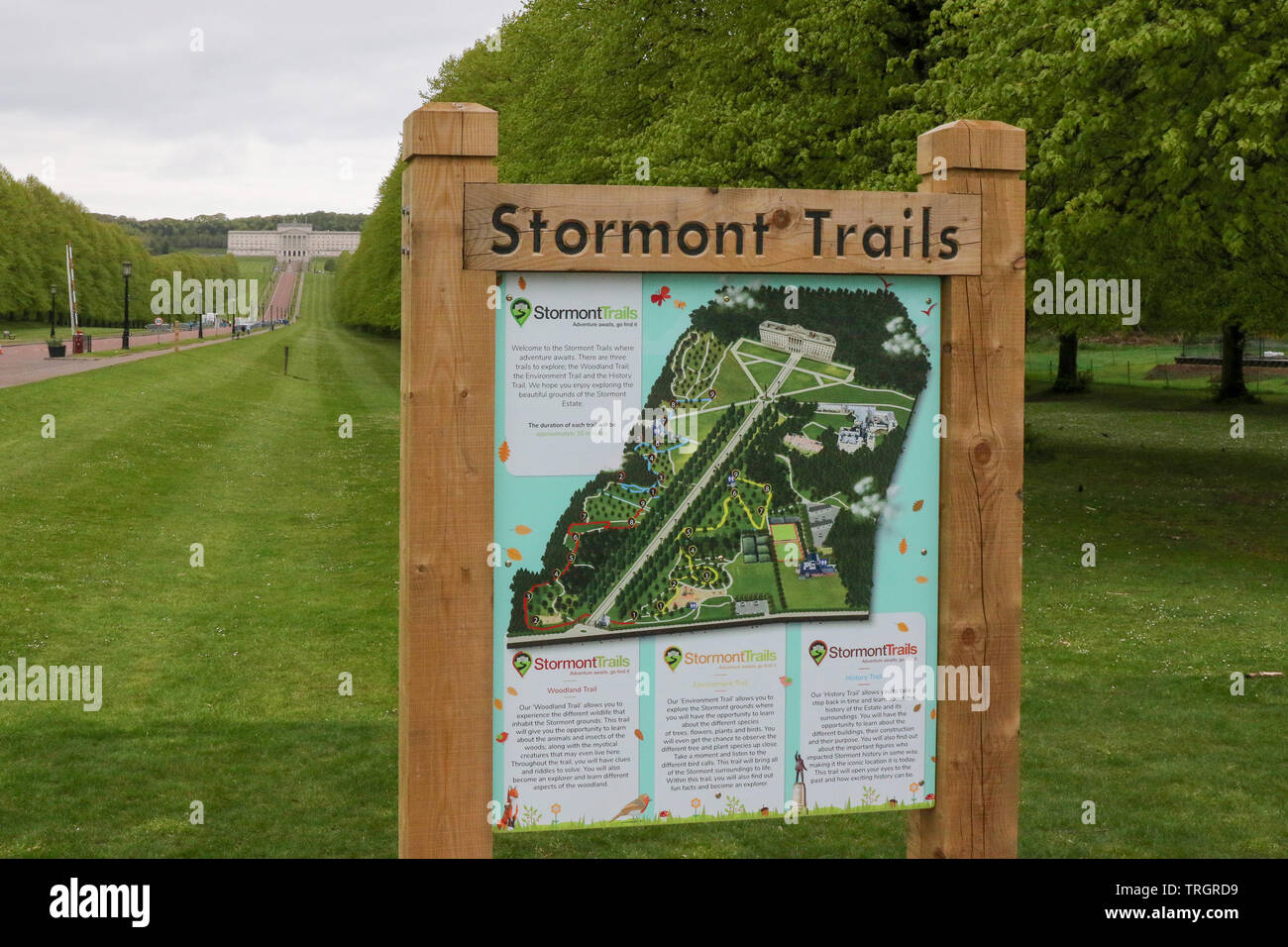 Information map at Stormont Belfast giving details of trails and walks in the grounds of the Stormont Estate. Stock Photo