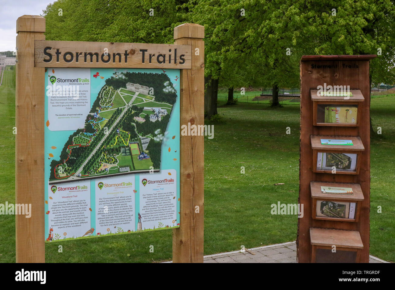 Notice boards at Stormont Belfast giving details of trails and walks in the grounds of the Stormont Estate. Stock Photo