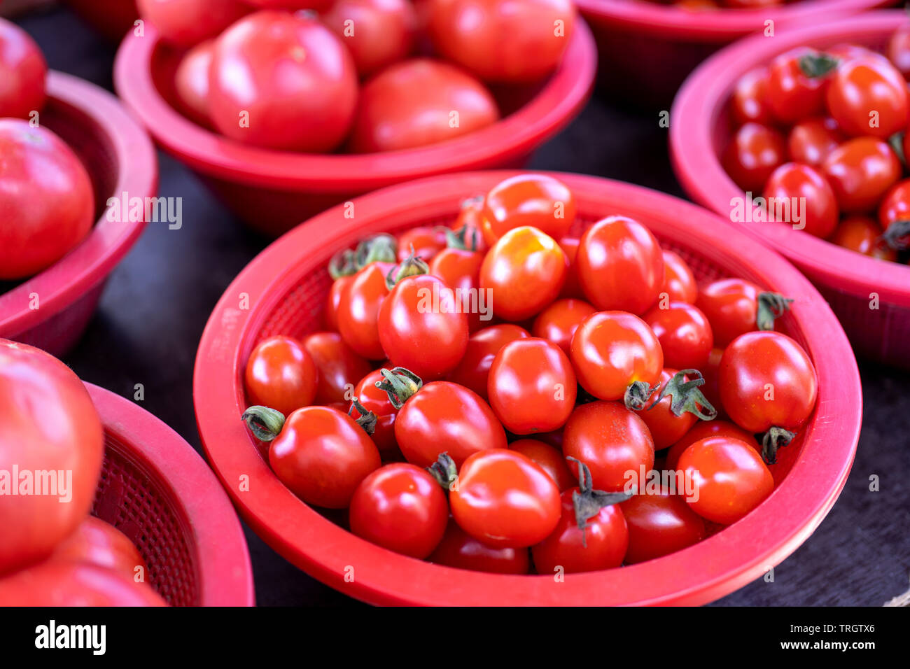Delicious fresh tomatoes fruit vegetable food in red plastic basket at ...