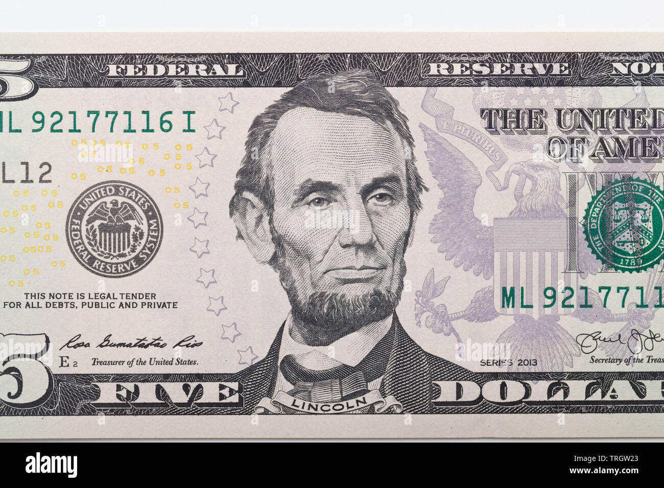 Five 5 dollar bill with Abraham Lincoln Stock Photo