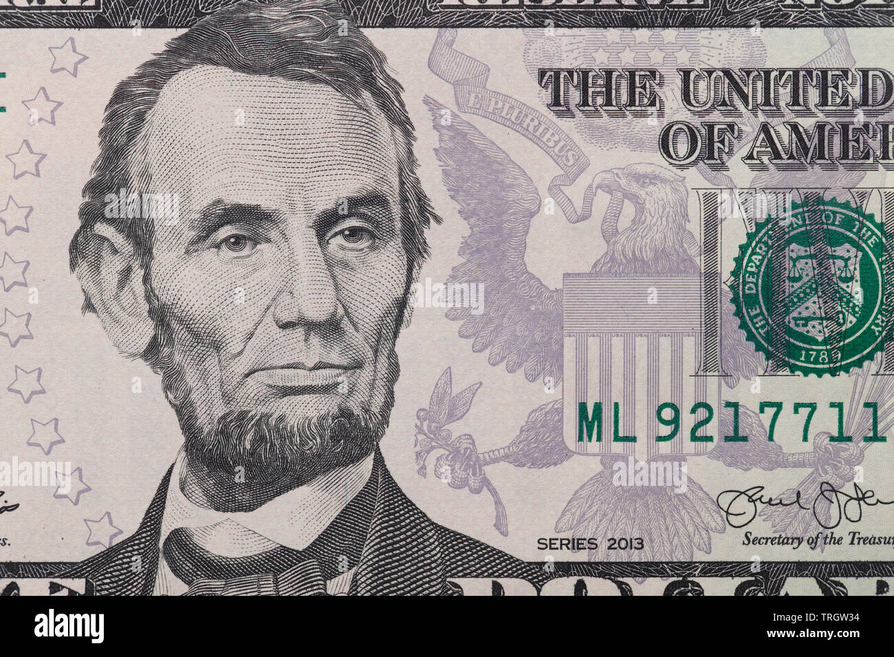 Five 5 dollar bill with Abraham Lincoln Stock Photo