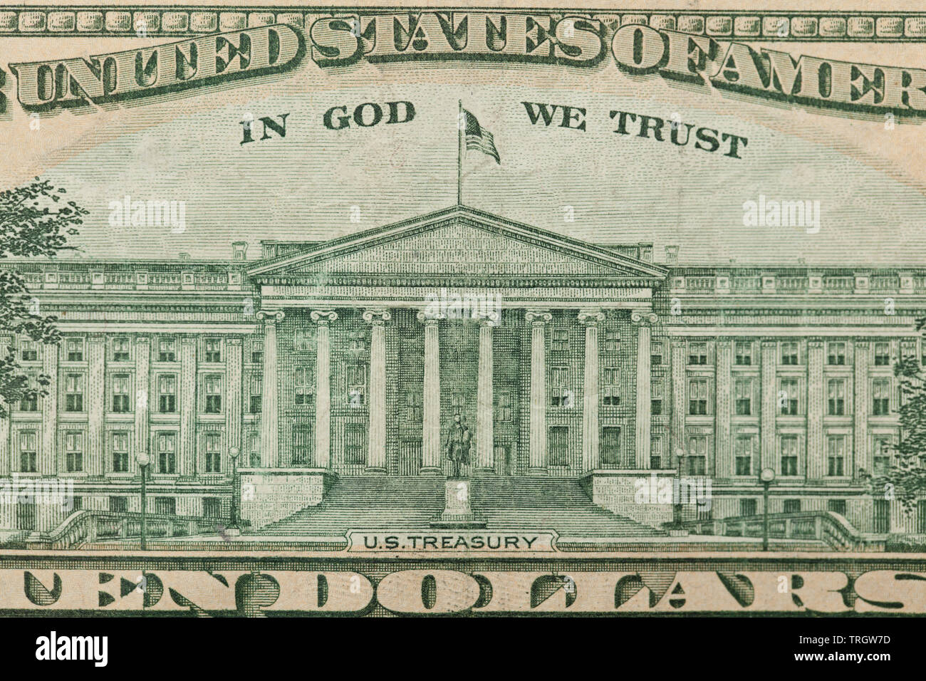 Closeup of a 10 dollar bill with focus on the US Treasury on the back Stock Photo