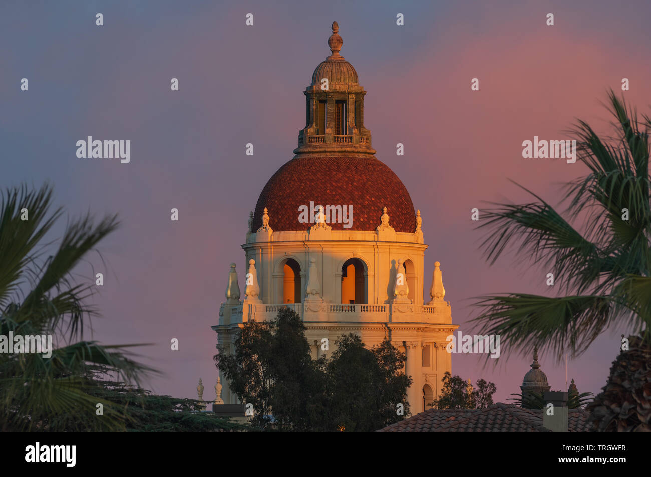 The Pasadena City Hall main tower against beautiful golden light. Pasadena is located in the Los Angeles county in California. Stock Photo