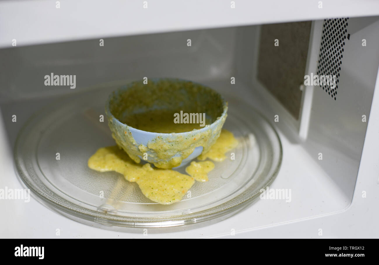 Food exploded in microwave oven / warning oven with cup food overflow