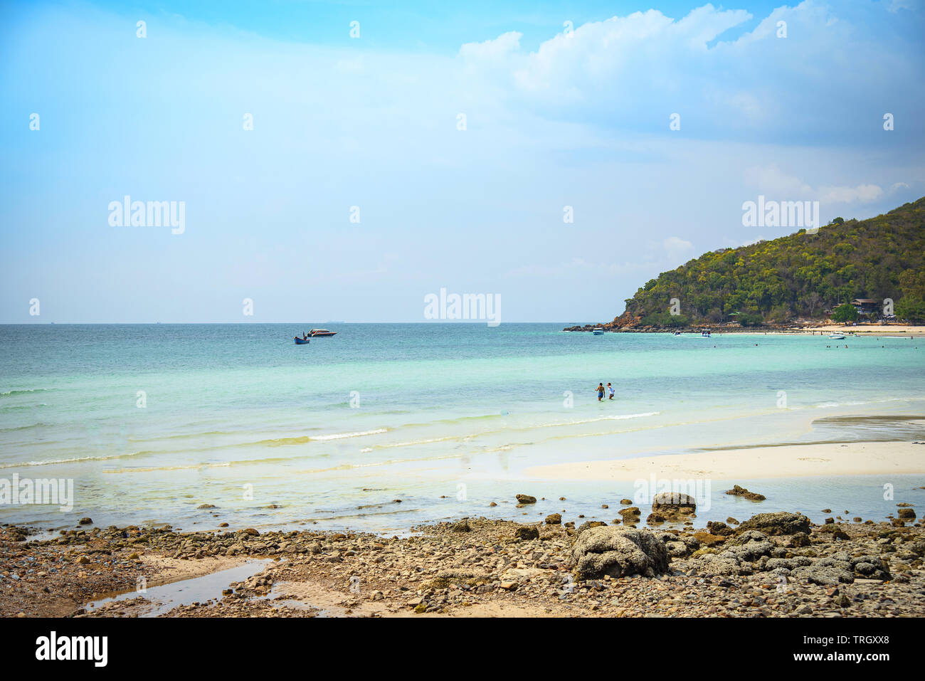 Beach sand tropical sea summer island blue water bright sky with hill ...