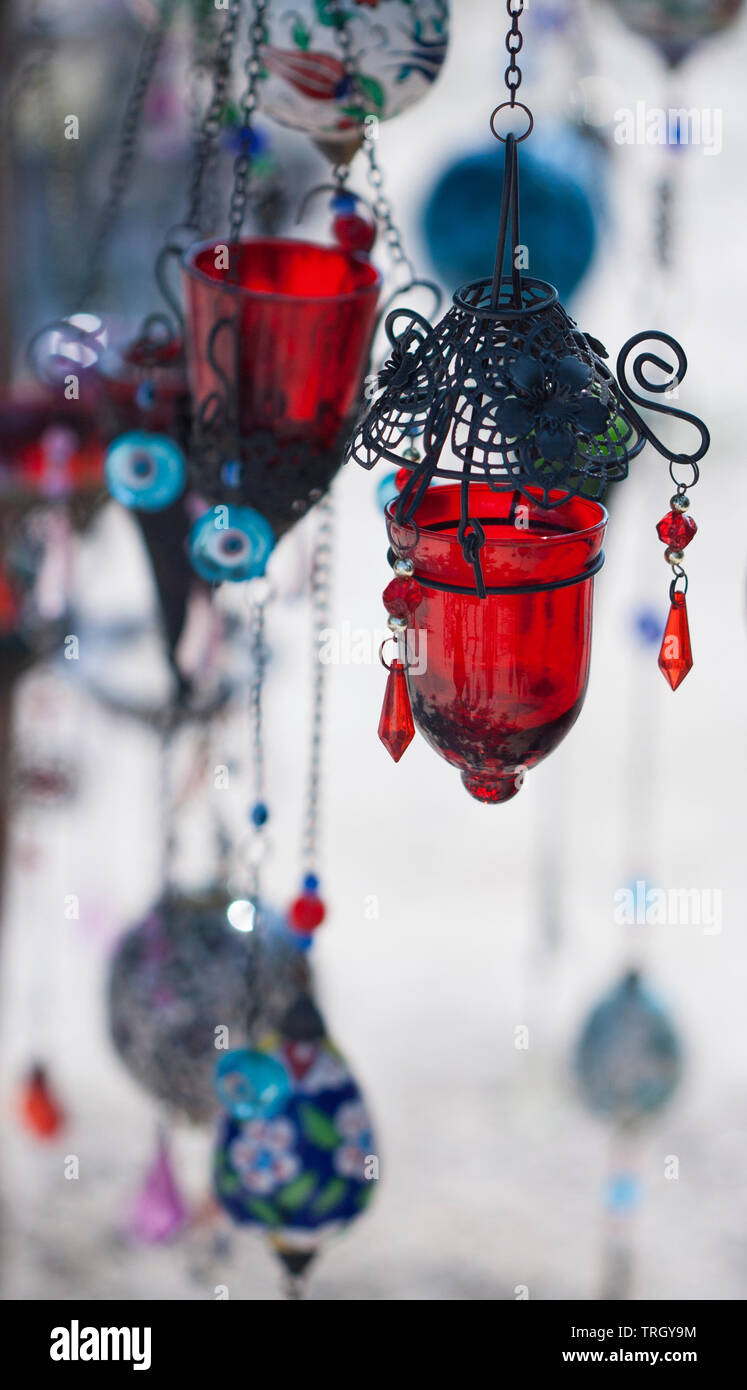 Hanging lamps and candle holders in Turkish bazaar Stock Photo