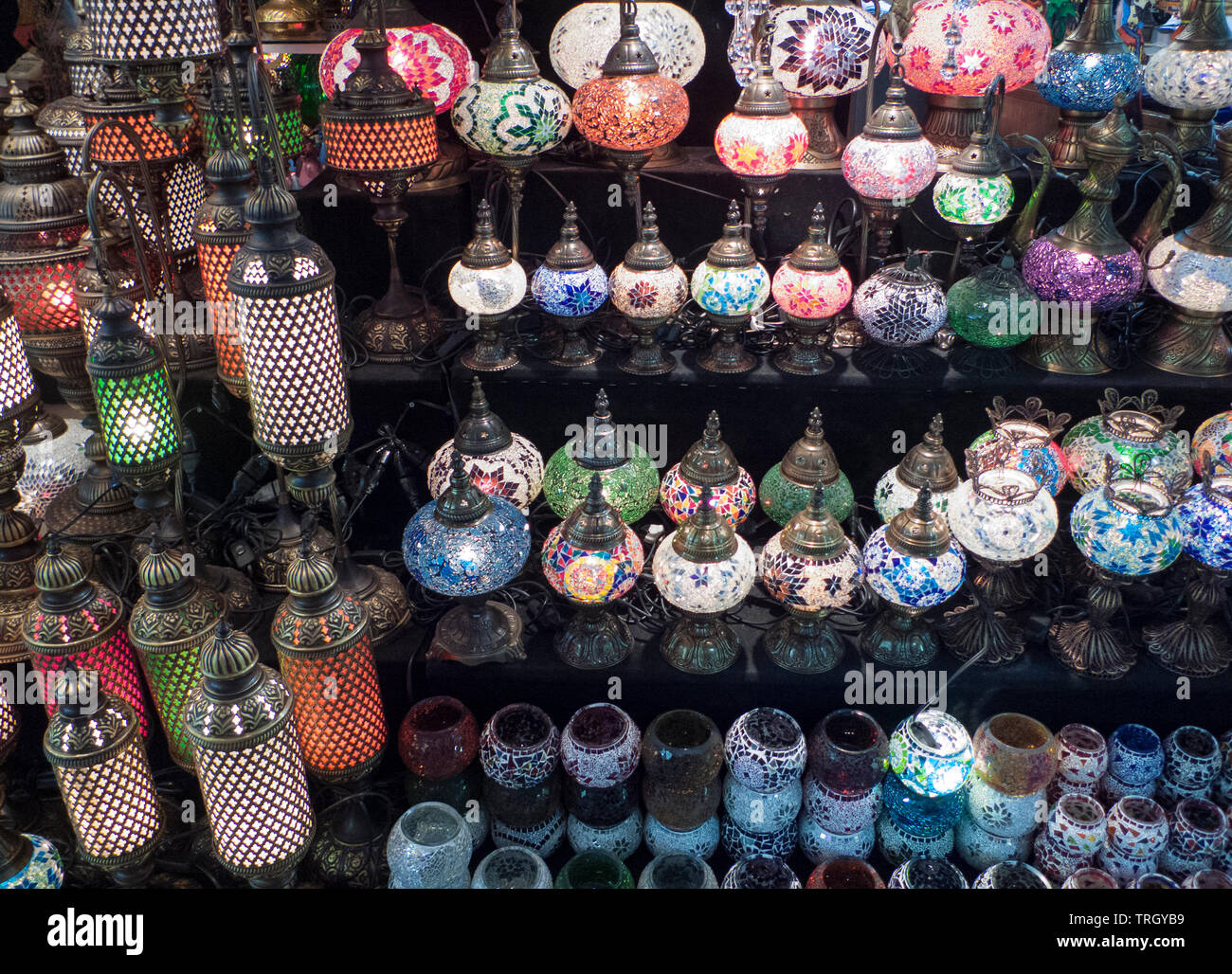 Multicolored lanterns for sale at a lamp shop in Istanbul Stock Photo