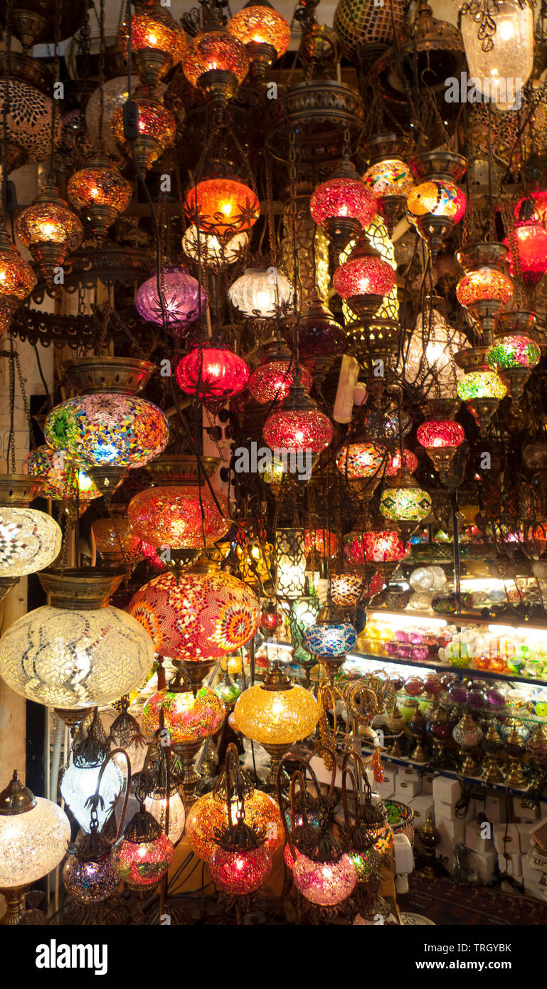 Multicolored lamps on sale at a market lamp shop in Istanbul Stock Photo