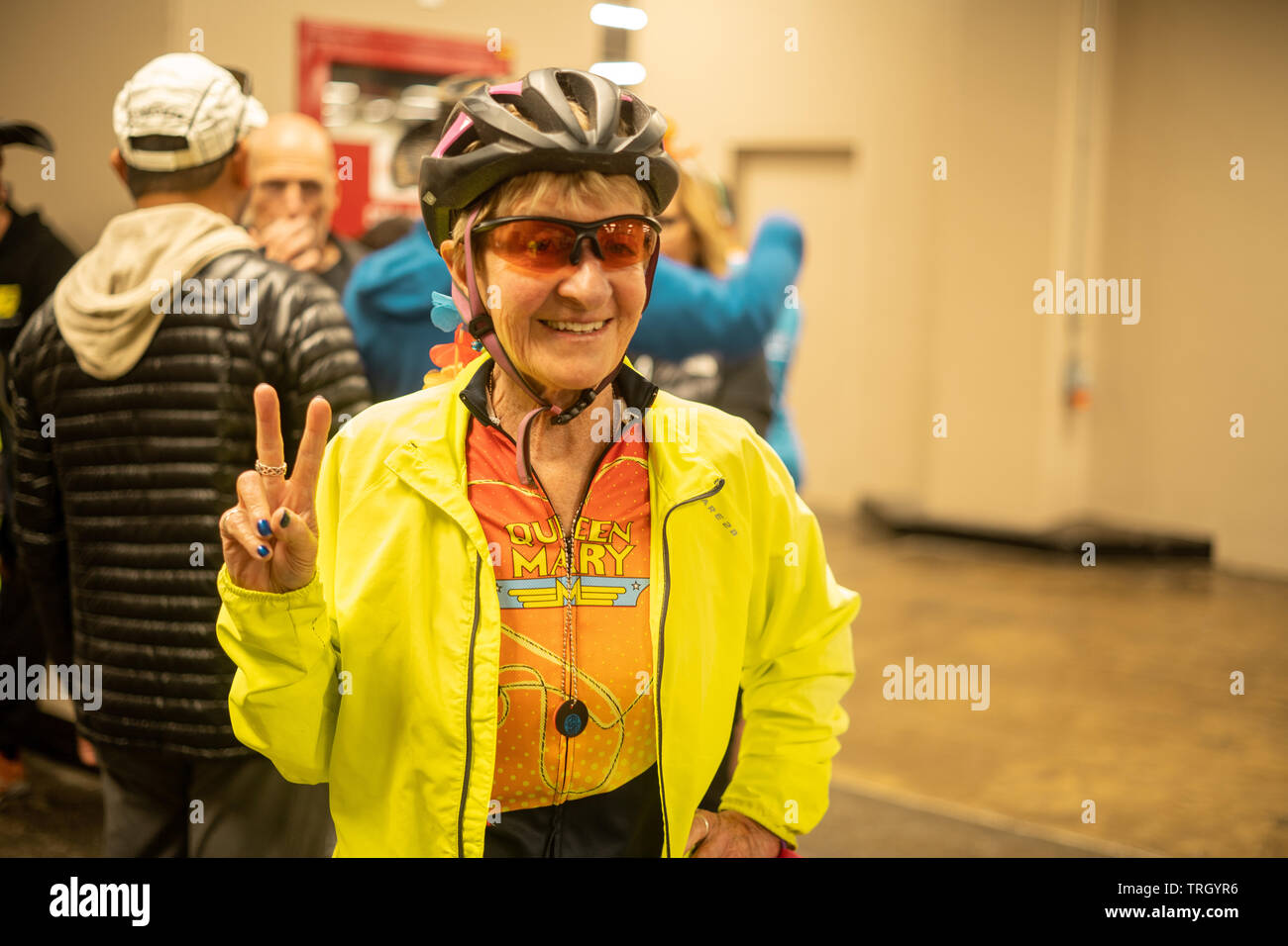 San Francisco, USA. 2nd June, 2019. Jane Maxwell waiting for the start of AIDS/Lifecycle, the 7 day 545-mile bike ride from San Francisco to Los Angel Stock Photo
