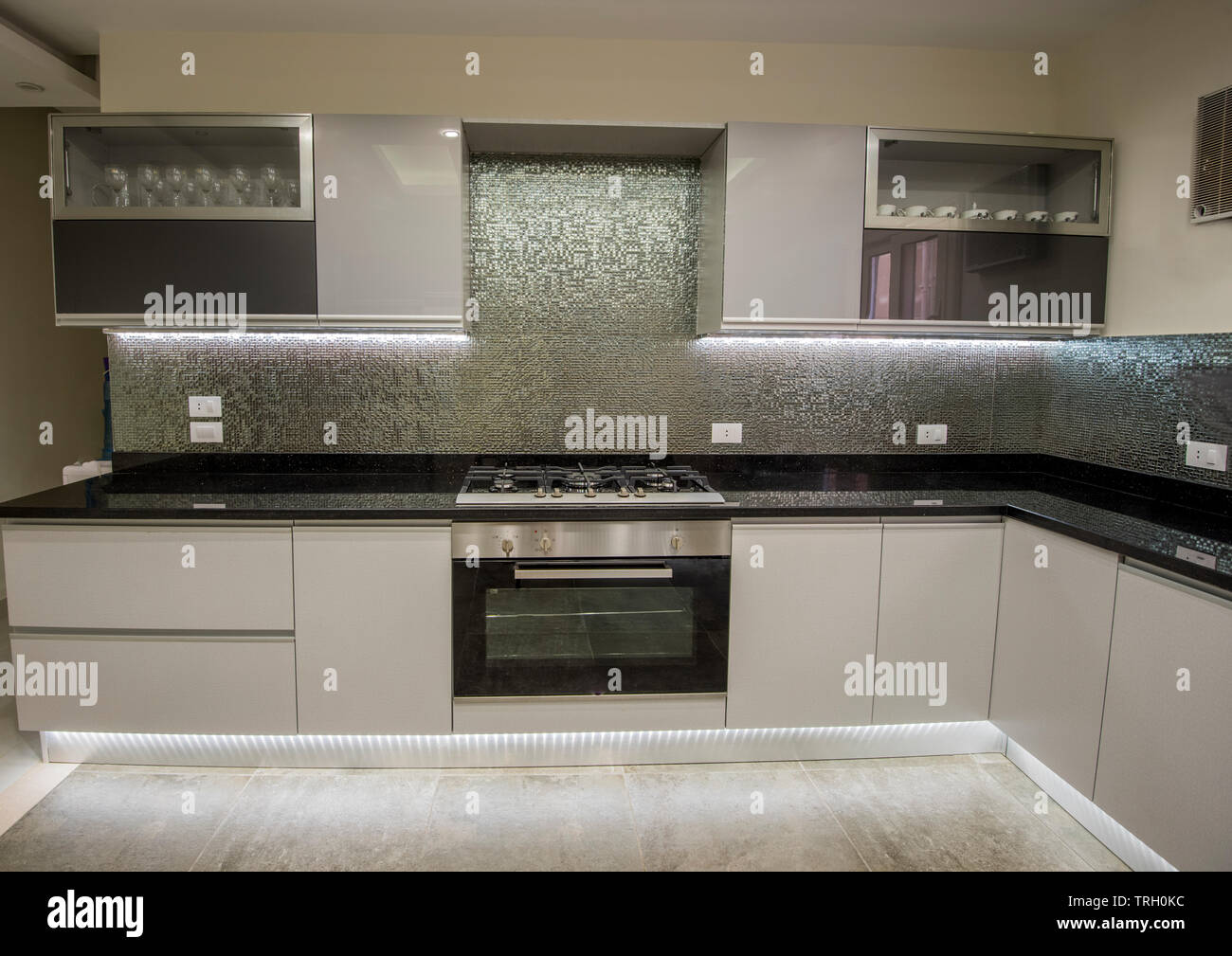 View of Interior design decor showing modern kitchen and appliances in luxury ...