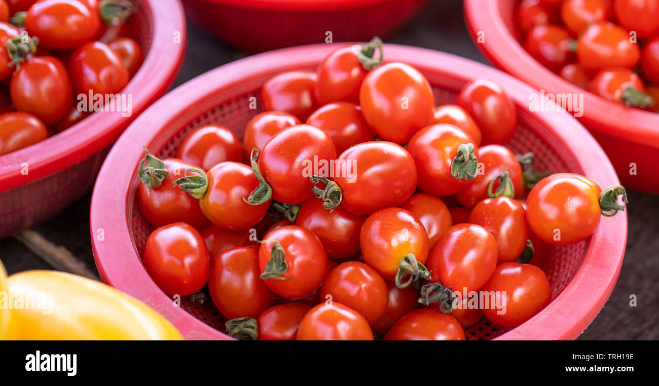 Delicious fresh tomatoes fruit vegetable food in red plastic basket at ...