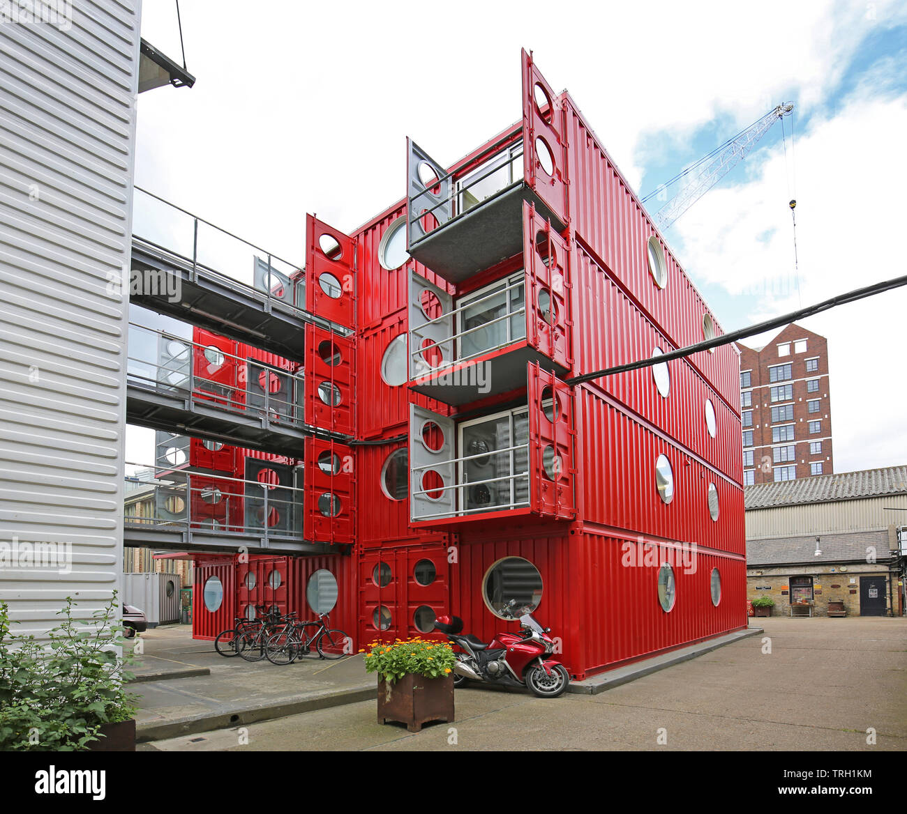Container City 1 at Trinity Buoy Wharf, London, UK. A collection of live/work spaces constructed from stacked shipping containers. Stock Photo