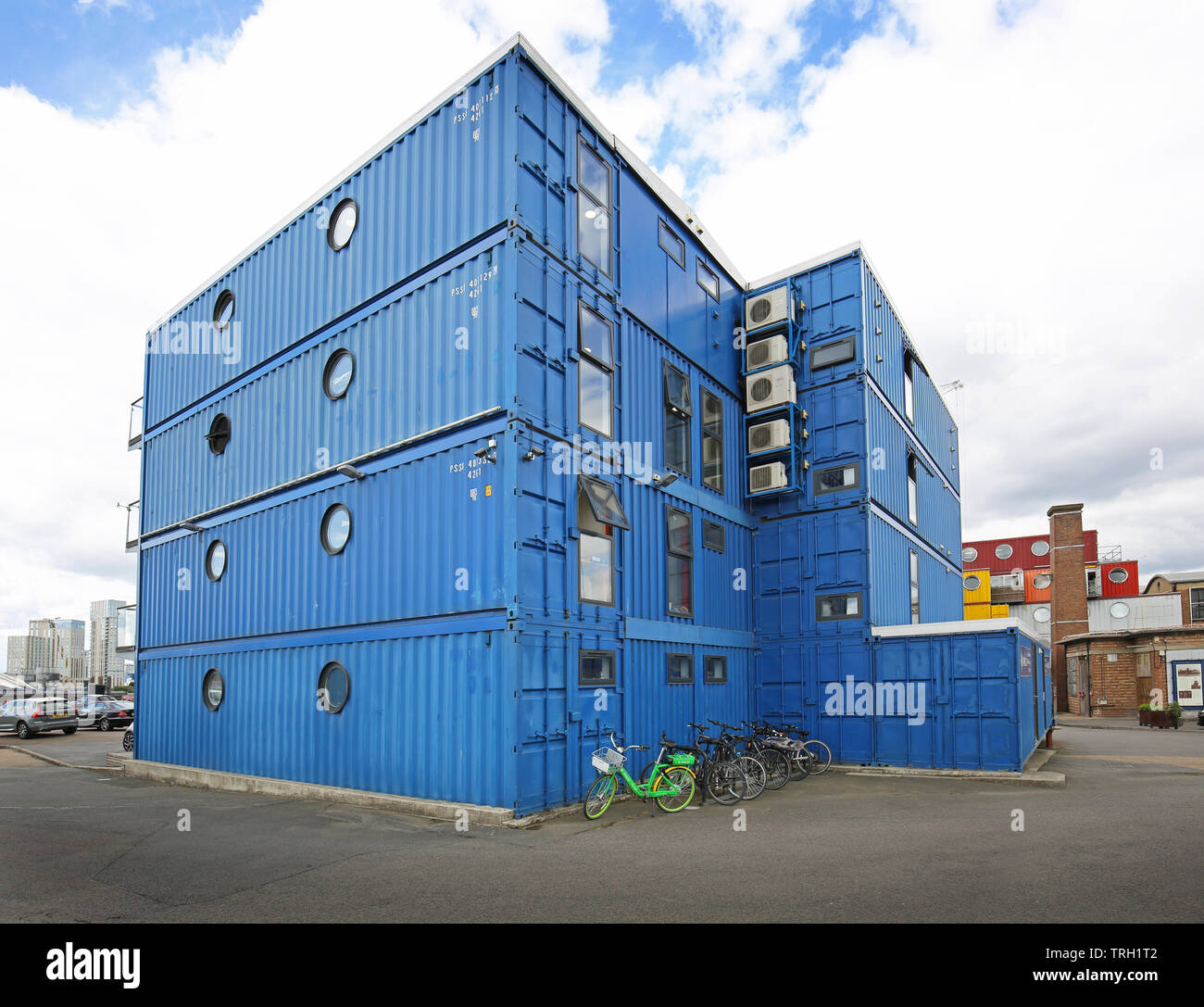 Container City at Trinity Buoy Wharf, London, UK. A collection of live/work spaces constructed from shipping containers. Stock Photo
