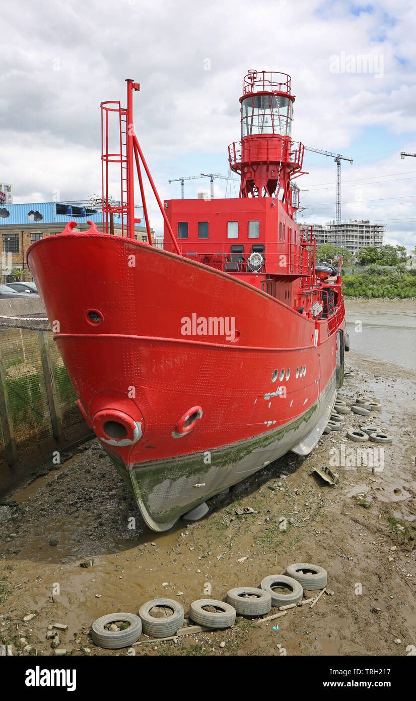 Lightship LV93 at Trinity Buoy Wharf, London, UK. The decommissioned lightship is moored next to the Trinity House lighthouse next to the river Thames Stock Photo