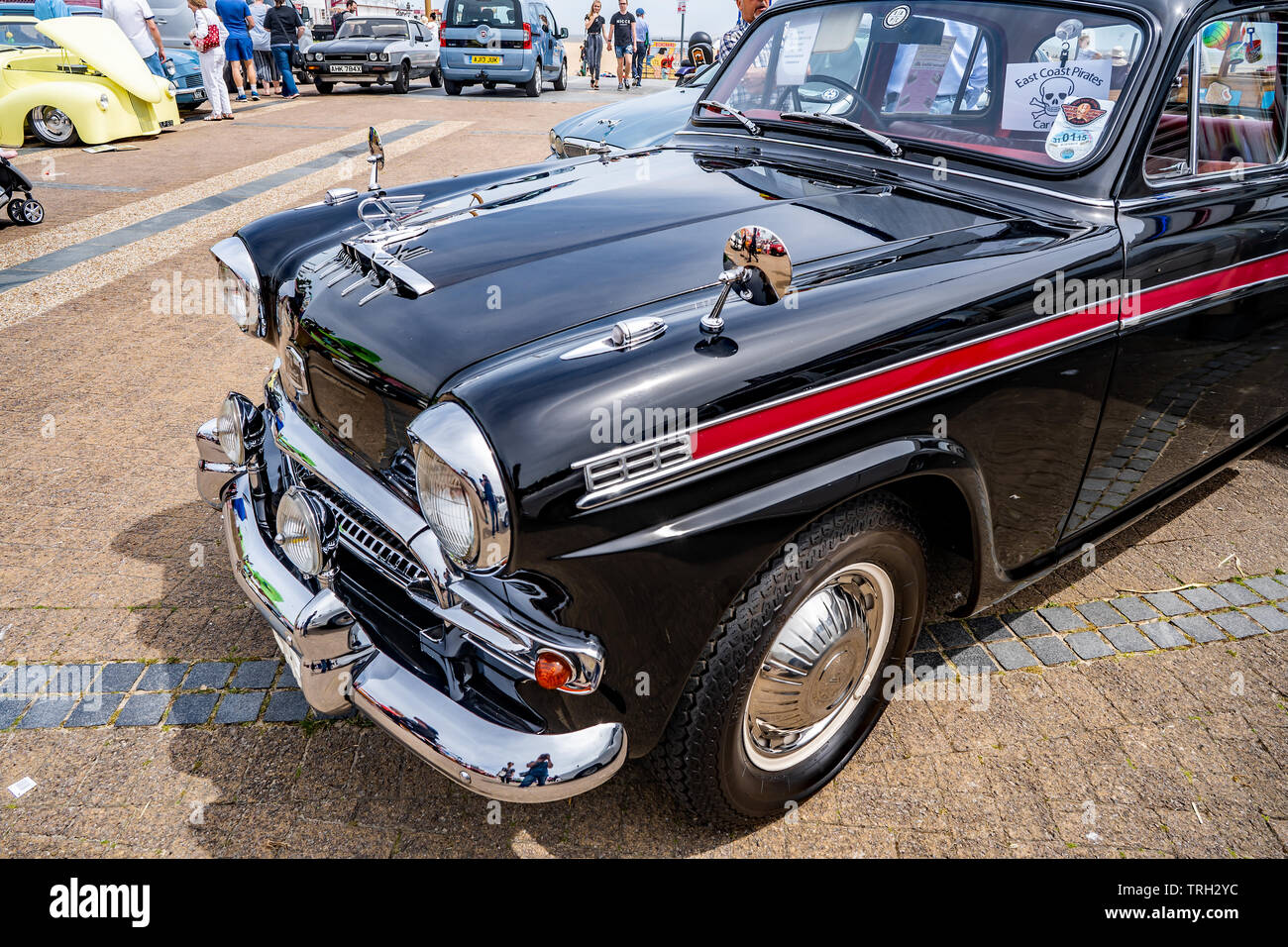 Classic Ford car on show in the seaside town of Great Yarmouth, Norfolk