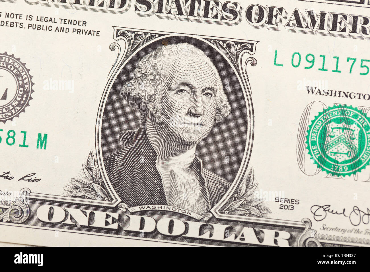 The front of a 1 Dollar bill with George Washington Stock Photo