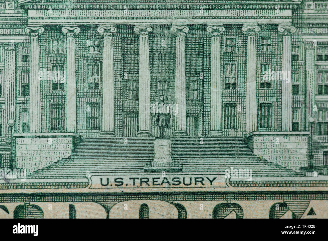 Back of a 10 dollar bill with close focus on the US Treasury Stock Photo