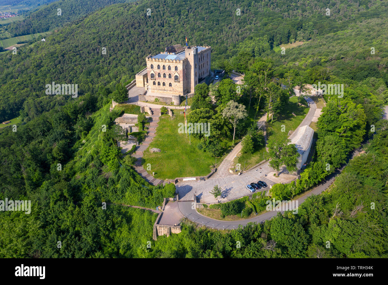 Aerial view of Hambach Castle (German: Hambacher Schloss), symbol of the German democracy, Neustadt an der Weinstraße, Rhineland-Palatinate, Germany Stock Photo