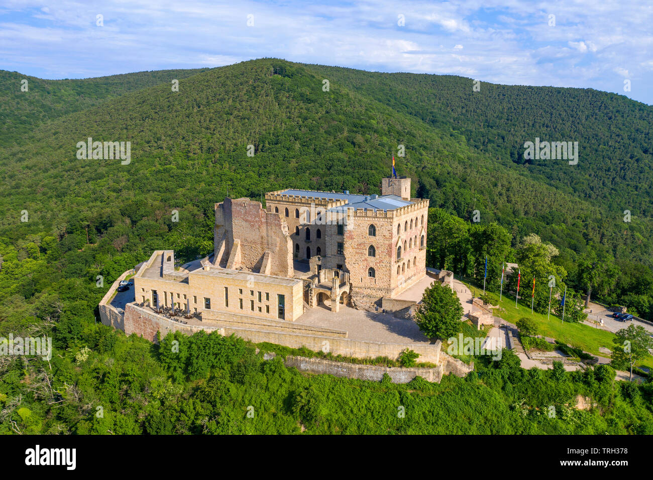 Aerial view of Hambach Castle (German: Hambacher Schloss), symbol of the German democracy, Neustadt an der Weinstraße, Rhineland-Palatinate, Germany Stock Photo