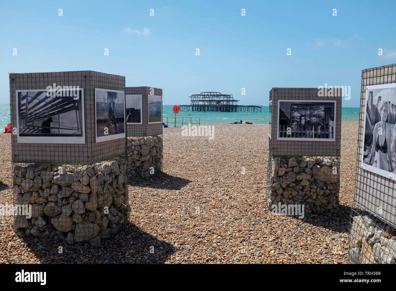 A photography exhibition on Brighton Beach showcasing local creative talent, Brighton Beach, Brighton. Stock Photo