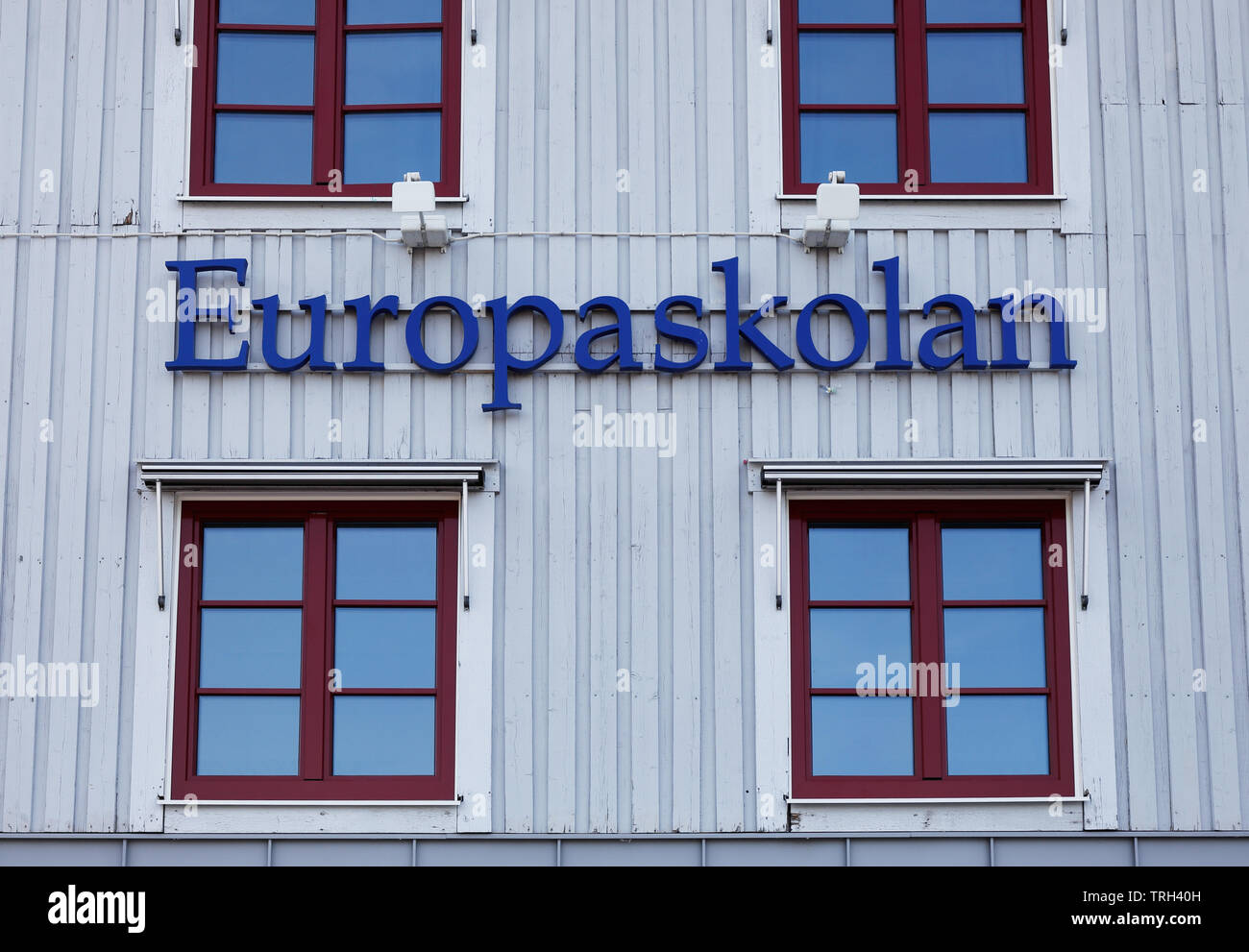 Strangnas, Sweden - June 5, 2019:  Close-up of the sign on the Europaskolan school building. Stock Photo