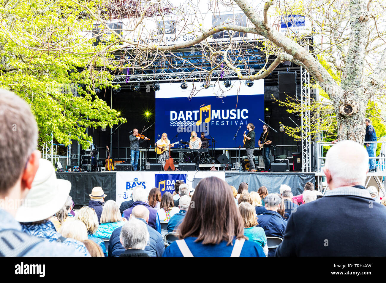 Dart music festival Dartmouth, Devon, UK, England, music stage, group on stage, gig, gigging, festival, stage, outdoor stage, band on stage, Dartmouth Stock Photo