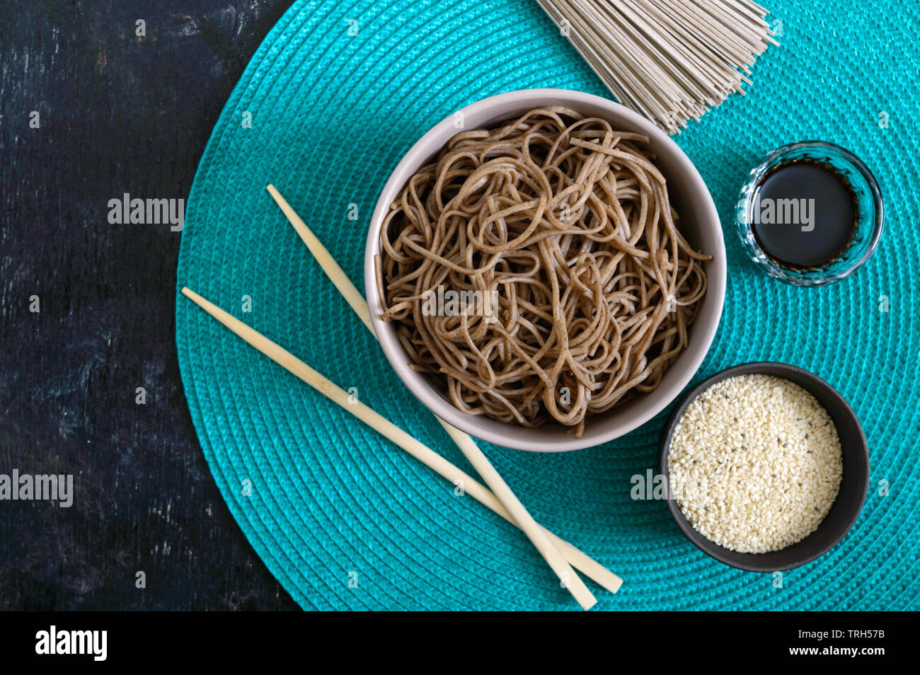 Cold soba (buckwheat noodles) with sauce and sesame. Japanese food