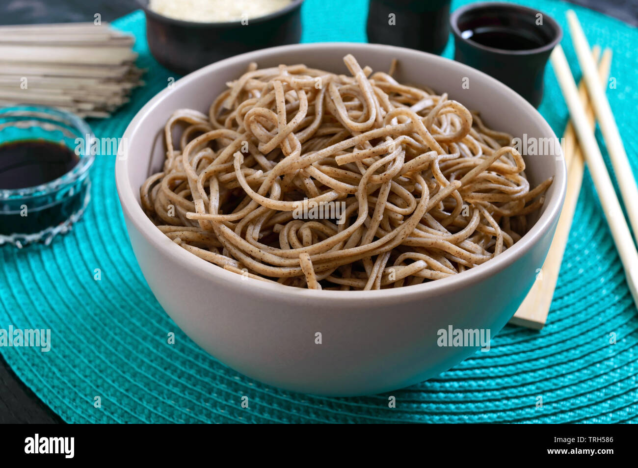 Cold soba (buckwheat noodles) with sauce and sesame. Japanese food