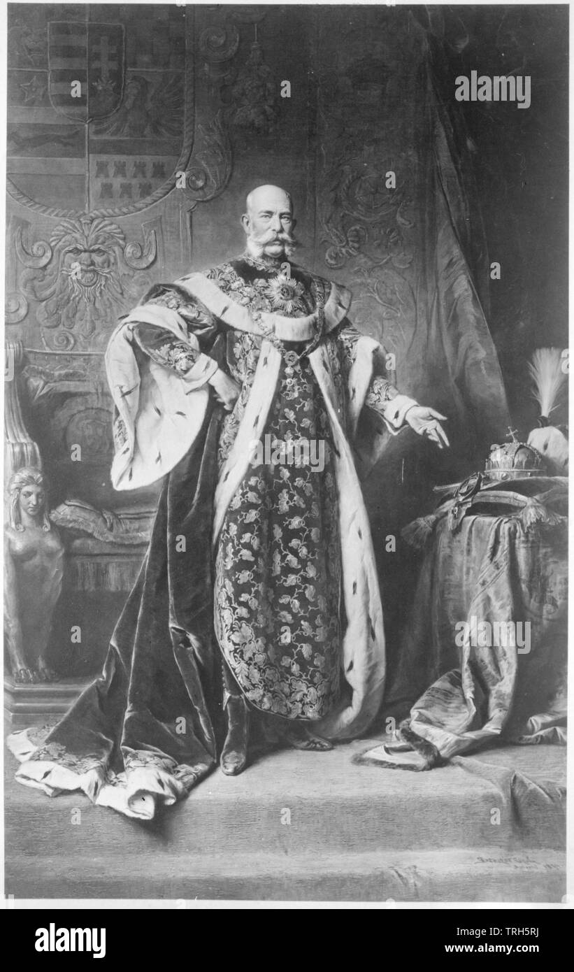 picture Franz Joseph I, Emperor of Austria, in the vestment of the grandmaster of the Hungarian Order of Saint Stephen, painting by Gyula Benczúr, dated 1894,Habsburg, Habsburg Lorraine, Habsburg - Lorraine, King of Hungary, Austria-Hungary, Dual-Monarchy, k-u-k, people, full-length, full length, man, men, male, manly, 19th century, picture, pictures, emperor, emperors, vestment, vestments, dated, date, Additional-Rights-Clearance-Info-Not-Available Stock Photo