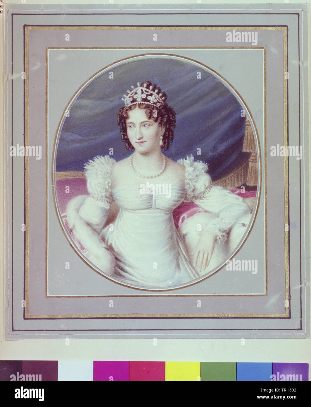 Caroline, princess of Bavaria, half length, oval watercolour, on rectangular frame cardboard splice,politics, policy, people, half-length, half length, woman, women, female, princess, princesses, watercolour, watercolor, splice, splicing, Additional-Rights-Clearance-Info-Not-Available Stock Photo