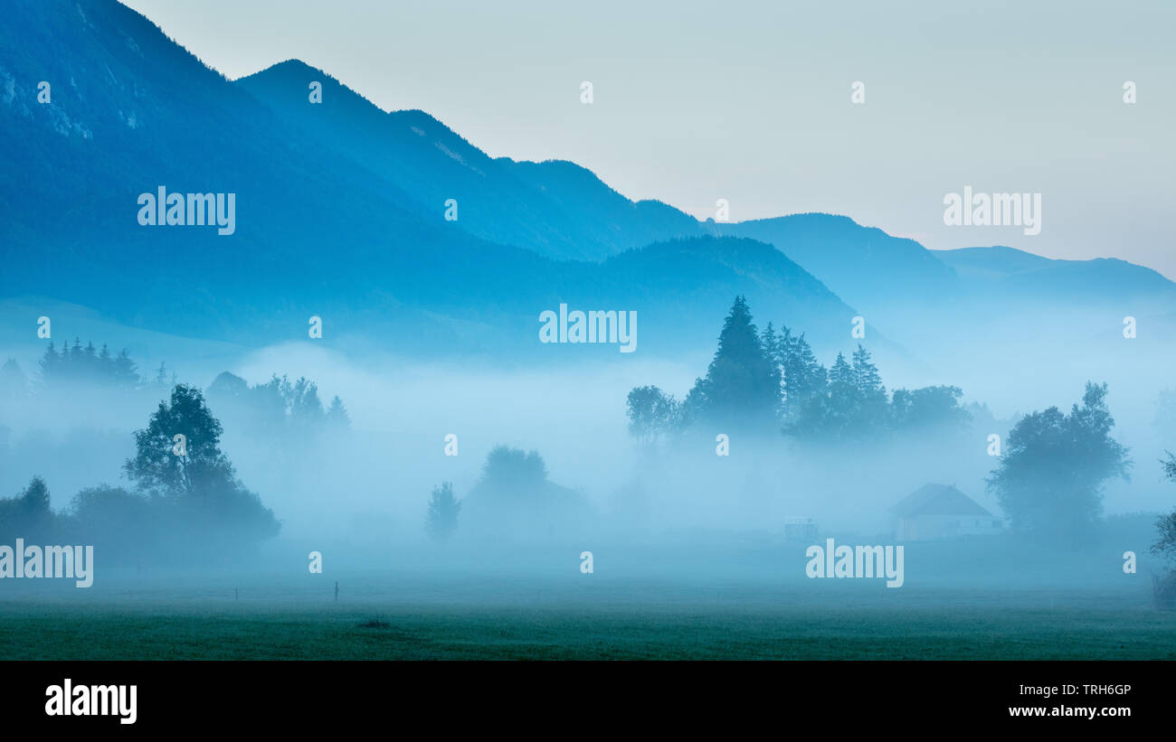 A misty dawn near St Martin en Vercors, Rhone-Alpes, France Stock Photo